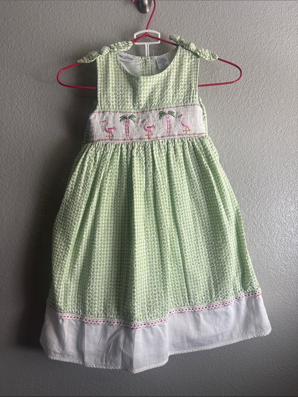 Girls Light Green Smocked Flamingo Sundress with White Hem